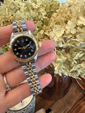 Two-Tone Gold & Silver Ladies Watch with Black Dial